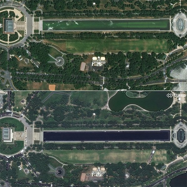 上图为2023年6月10日的林肯纪念堂倒影池卫星图像，下图为2026年6月7日的卫星图像 法新社