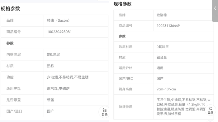 ▲帅康、欧洛德两款陶瓷不粘锅的规格参数均标注涂层为“0氟涂层”。电商平台截图