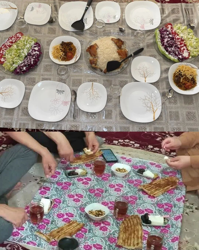 雷扎伊一家战前的晚饭（上）与战争开始后的晚饭（下）对比。图/程靖、受访者提供