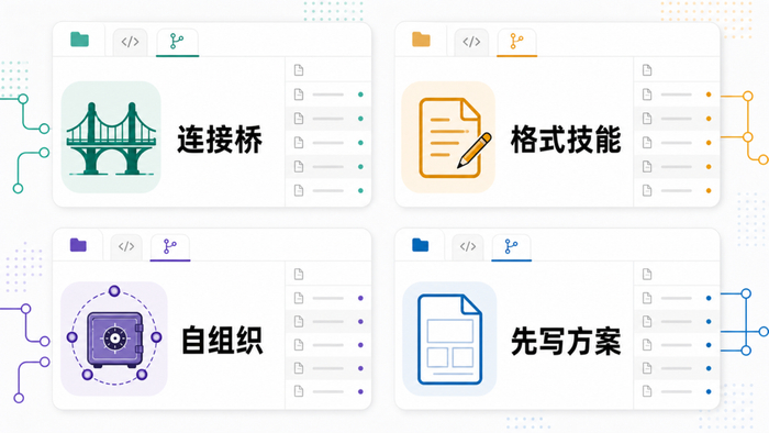 图注：社区方案可以按用途拆开看：连接桥、格式技能、自组织 vault、先写方案