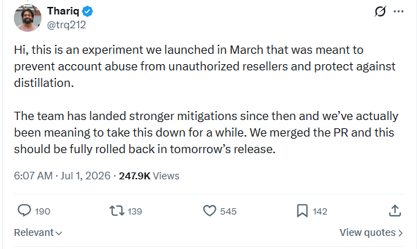 Thariq 表示，这套检测机制是团队于当年 3 月启动的一项实验，初衷只是为了防范未经授权的账号转售滥用与模型蒸馏行为。