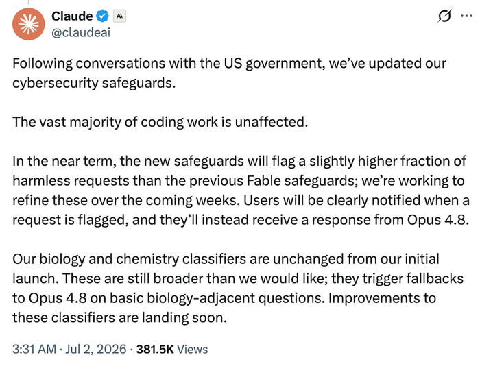 ▲Claude对Fable 5风控升高的解释（图源：X）