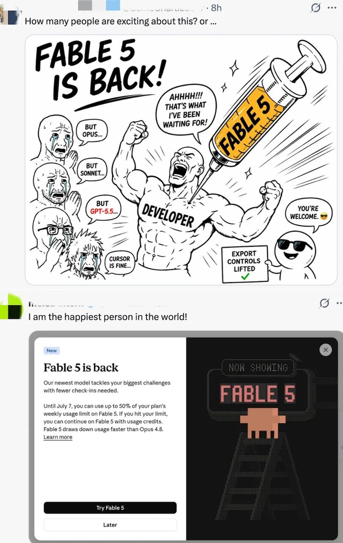▲用户对Fable 5回归的开心（图源：X）