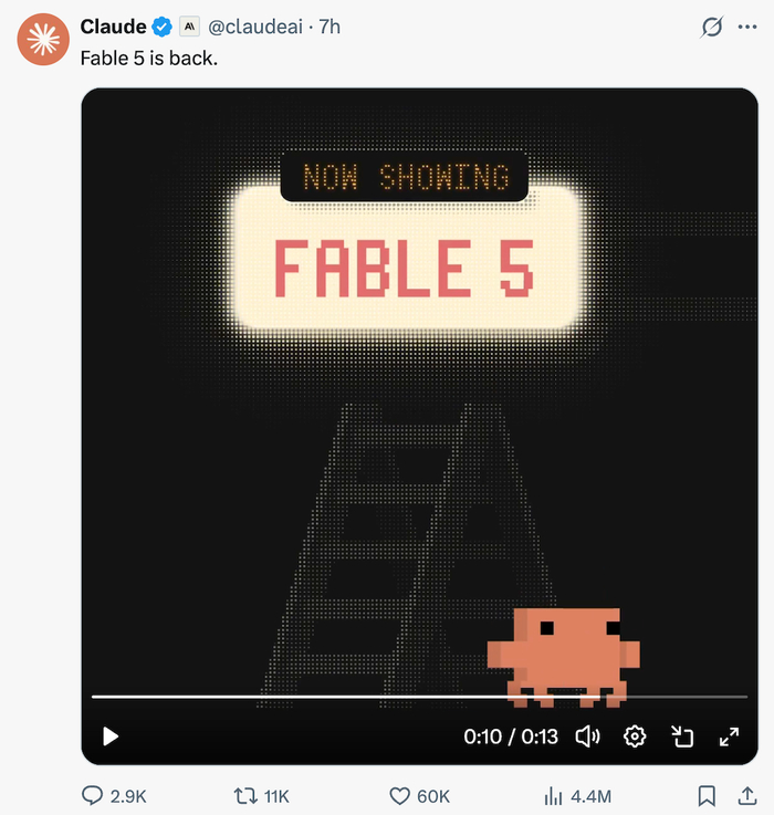▲Claude发文Fable 5回归（图源：X）