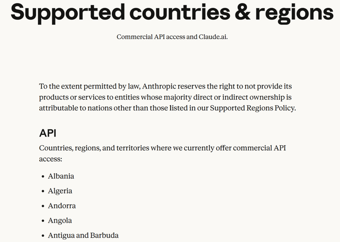 ▲Anthropic公布的Claude商业API支持国家与地区列表（图源：Anthropic）