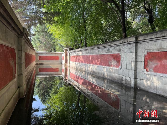 7月7日，伪满皇宫博物院，朱红宫墙历经岁月洗礼依旧矗立，晴光树影映在积水中。　张瑶 摄
