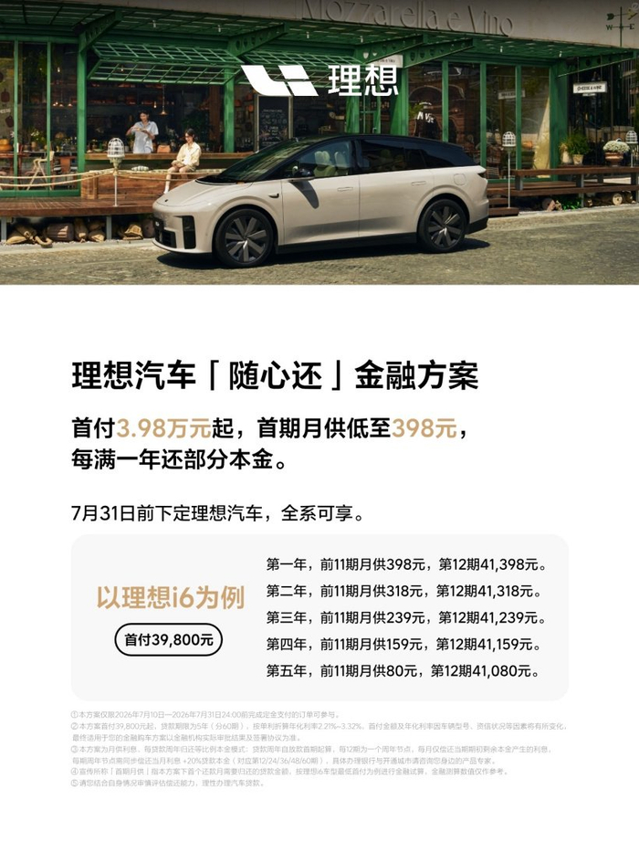 理想汽车推出新金融方案：随心还月供低至398元