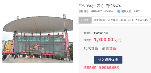 义乌国际商贸城一间商铺拍出1700万元。图源义乌产权交易所网站