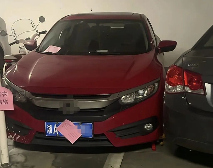 彭某某的红色轿车停在闵某的车位上。视频截图