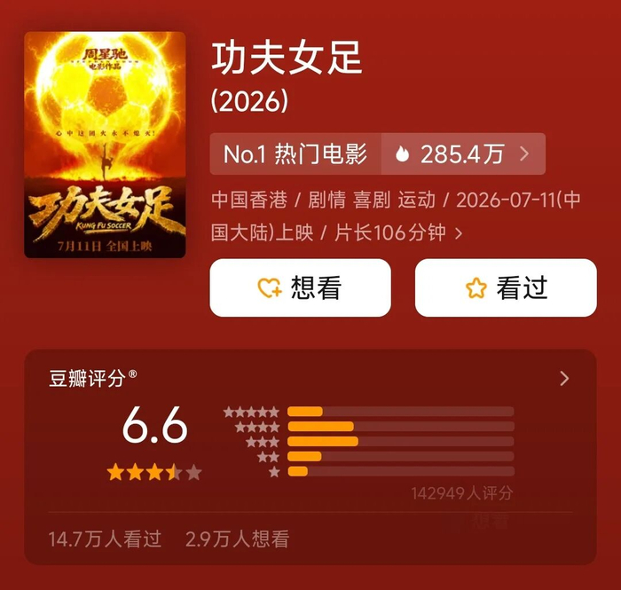 电影《功夫女足》开分6.6。图源豆瓣
