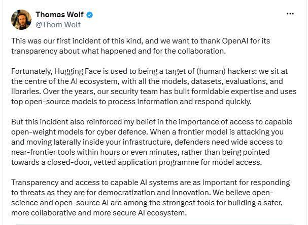 　　Thomas Wolf在社交媒体的发言截图
