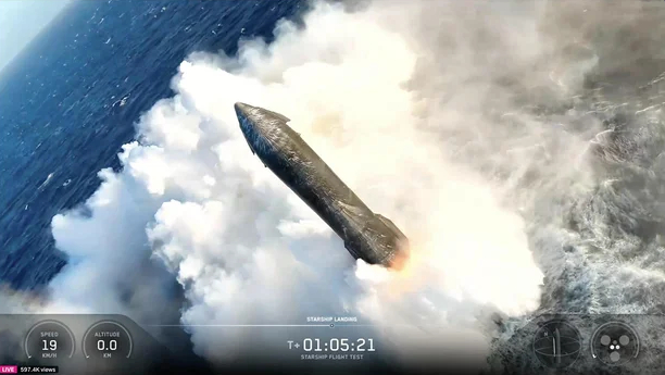△从得克萨斯州发射1小时5分钟后，“星舰”飞船在印度洋溅落。