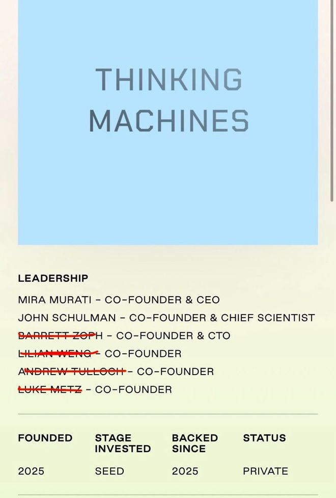 图丨Thinking MachinesLab的联创变动（来源：X）