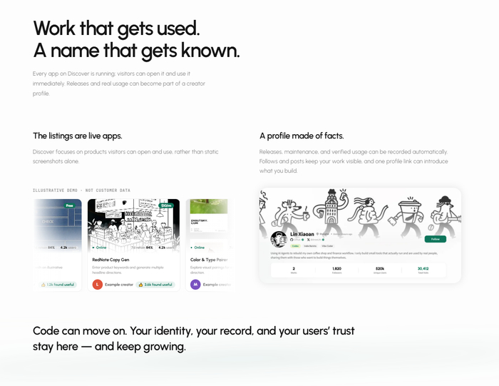 图注：PocketBay 将可运行的 Discover 应用与基于真实作品记录的创作者主页连接起来。