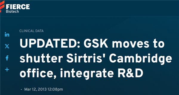 GSK宣布关闭Sirtris，图源丨FierceBiotech