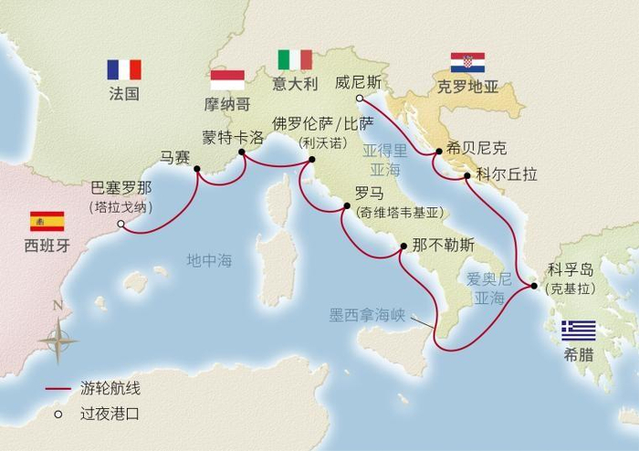 图：维京游轮“13日地中海文明精华之旅”航线图（8月3日航次）