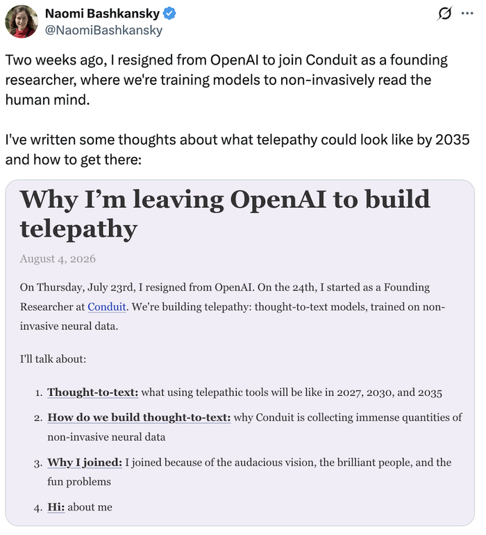 ▲巴什坎斯基官宣离开OpenAI加入Conduit（图源：X）