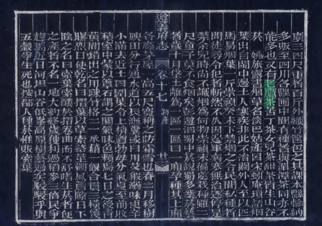图13 清·道光《遵义府志》卷十七“物产”——老鹰茶与苦丁茶女儿茶并列记载
