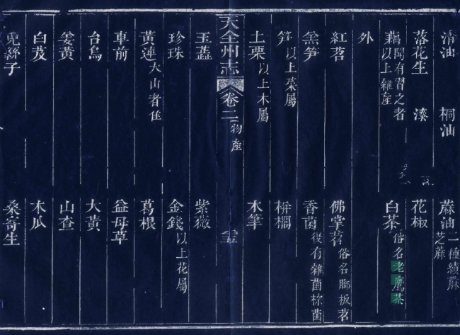 图10 清·咸丰《天全州志》卷二“物产”——“白茶俗名老鹰茶”