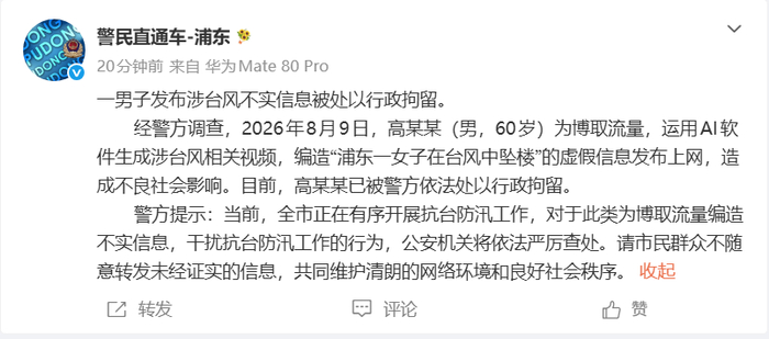 截图自上海市公安局浦东分局官方微博