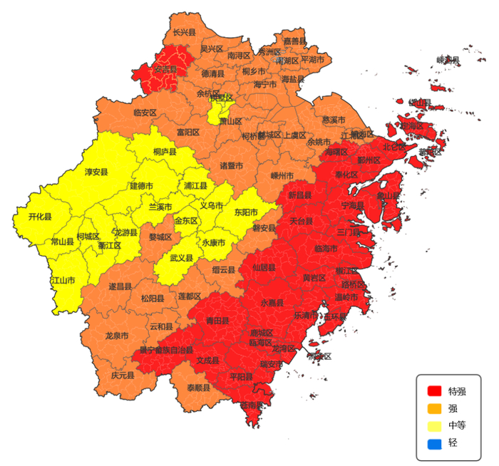 “白海豚”风雨致灾强度评估图。图源：浙江天气
