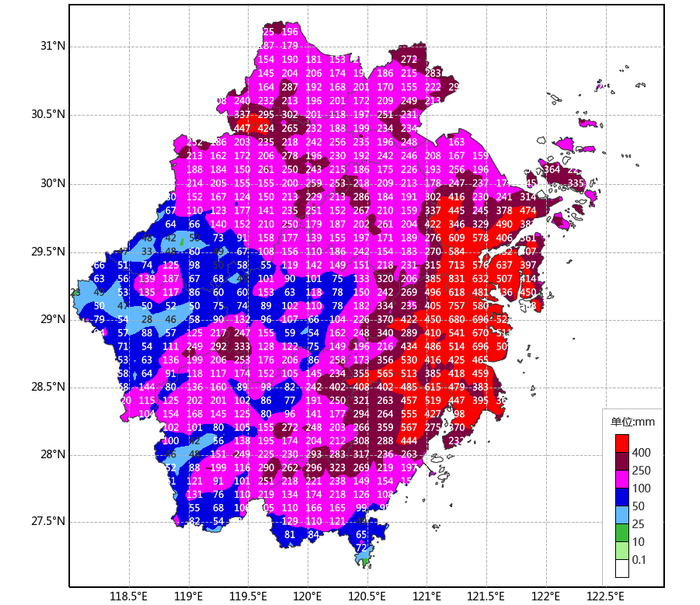 “白海豚”过程雨量图（截至11日06时）。图源：浙江天气