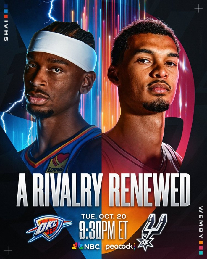 直播吧8月11日讯 NBA官方发布揭幕战雷霆VS马刺的对阵海报。官方配文如下：