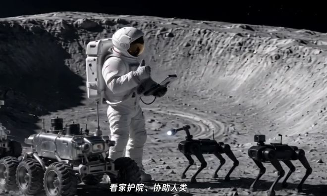 机器狗与人类在月球协作的效果图。图源：“智慧科技迷”视频截图。