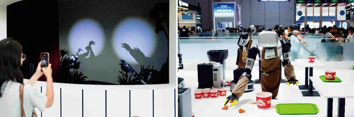 在2026世界機器人大會上，各種人形具身機器人亮相展示。左圖：機器手影舞。右圖：機器人收拾餐台垃圾。圖/新華 視覺中國