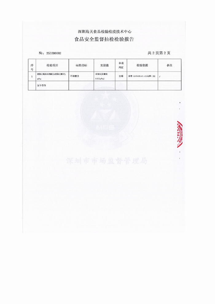 图4｜食品安全监督抽检报告（编号253200002）结果页：脱氢乙酸及其钠盐未检出。