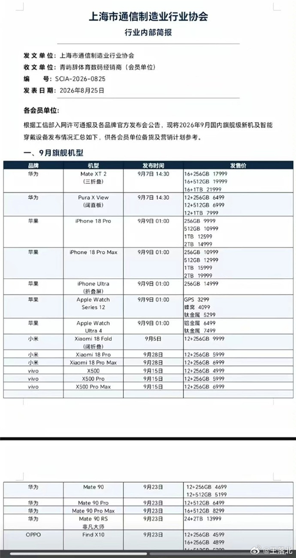 发布时间/售价一览！苹果18、小米18、华为Mate 90、Mate XT2等售价单流出