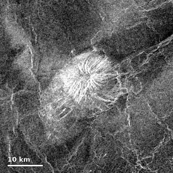 NASA 麦哲伦号探测器拍摄的金星雷达图像，画面中央为一座直径约 15 公里的小型盾状火山。