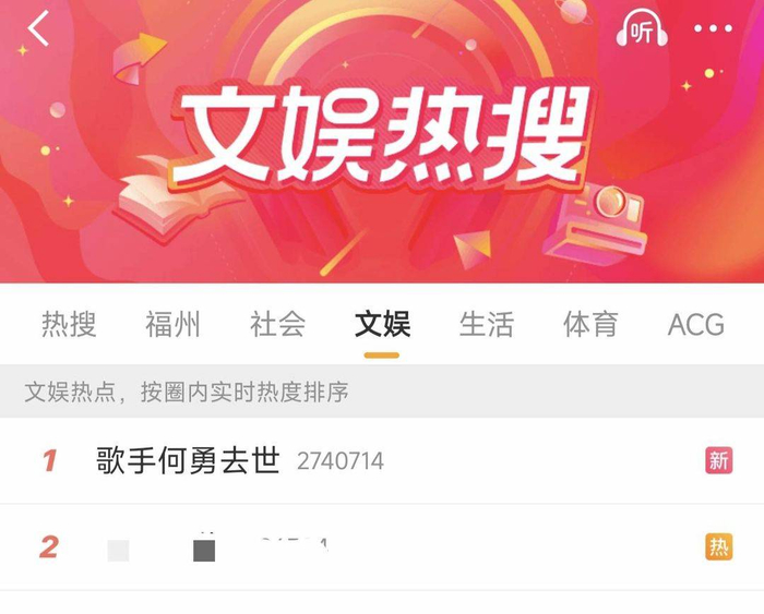 何勇去世话题登上微博文娱热搜。