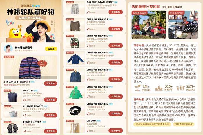 （图：林依轮12件私藏在闲鱼公益拍卖，所得捐赠“大山里的艺术课堂”）