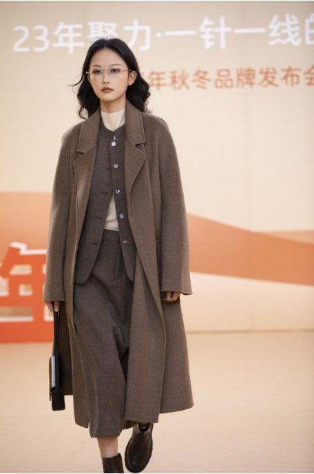 ▲ 驼色大衣叠穿同色系马甲半裙套装,通勤高效