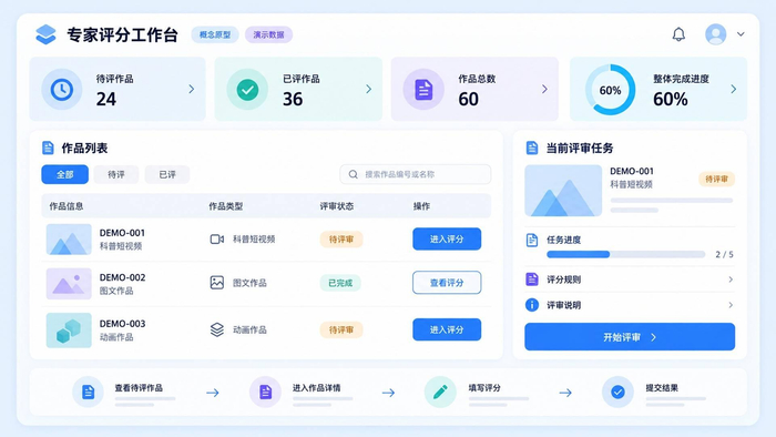 图 6｜评委评分工作台集中呈现作品数量、待评任务与完成进度