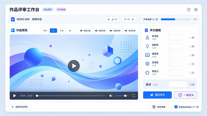 图 7｜视频内容与多维评分面板同屏，评委可以边看作品边打分