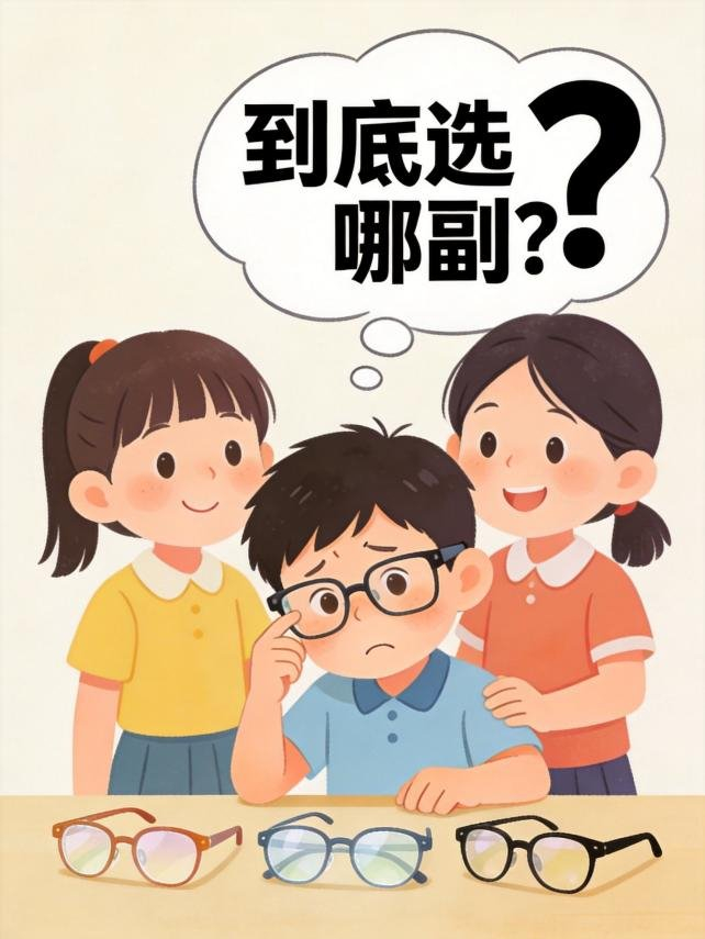 图 1 孩子面对多副近视防控眼镜,无从选择