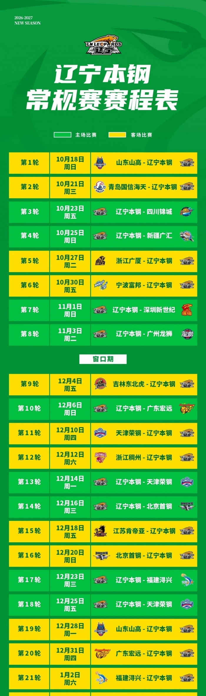 2026-2027赛季辽宁本钢队常规赛赛程来了！