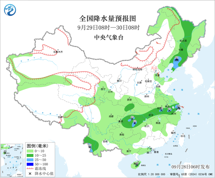 图2 全国降水量预报图（9月29日08时-30日08时）