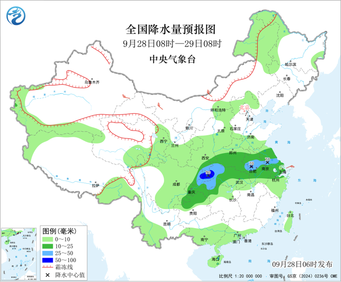 图1 全国降水量预报图（9月28日08时-29日08时）