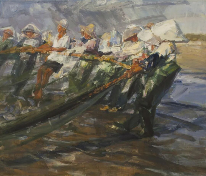 张西《拉网歌》油画 175×200cm