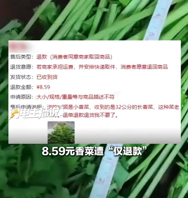 8.59元香菜因“太老”被“仅退款”，徐州卖家驱车往返1000多公里追货。来源：闪电新闻​