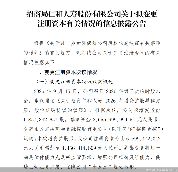 图片来源：招商局仁和人寿公告