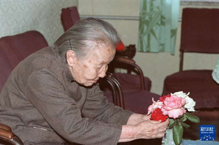 冰心在客厅插花。