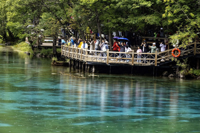 ▲游客在九寨沟风景区五彩池游玩&nbsp;图据IC photo