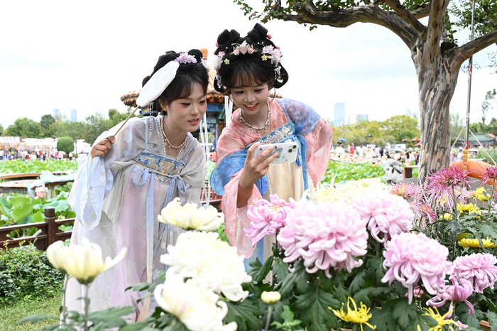 10月4日，游客在昆明市大观公园第32届金秋菊花文化展上拍摄菊花。 新华社发（熊平祥摄）