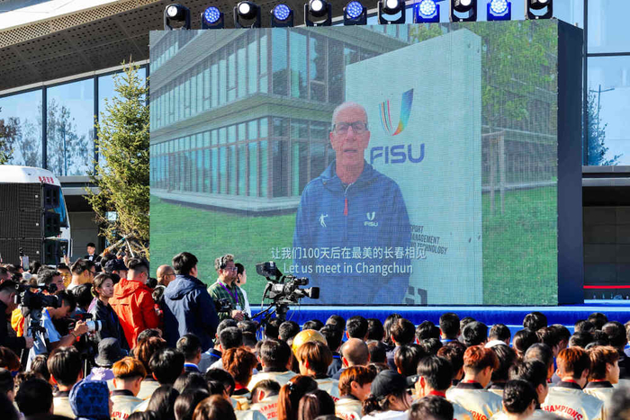 　　10月7日，国际大体联主席雷诺·艾德为长春大冬会倒计时100天致视频贺词。新华社记者 许畅 摄