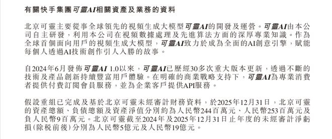 图：2026年7月，快手发布公告显示，2024年、2025年，可灵AI未经审计的净亏损分别约为5亿元、19亿元。