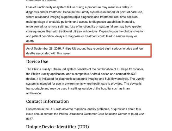 FDA 对飞利浦Lumify下发早期安全警报：确认8例严重伤害、4例死亡图源：FDA官网
